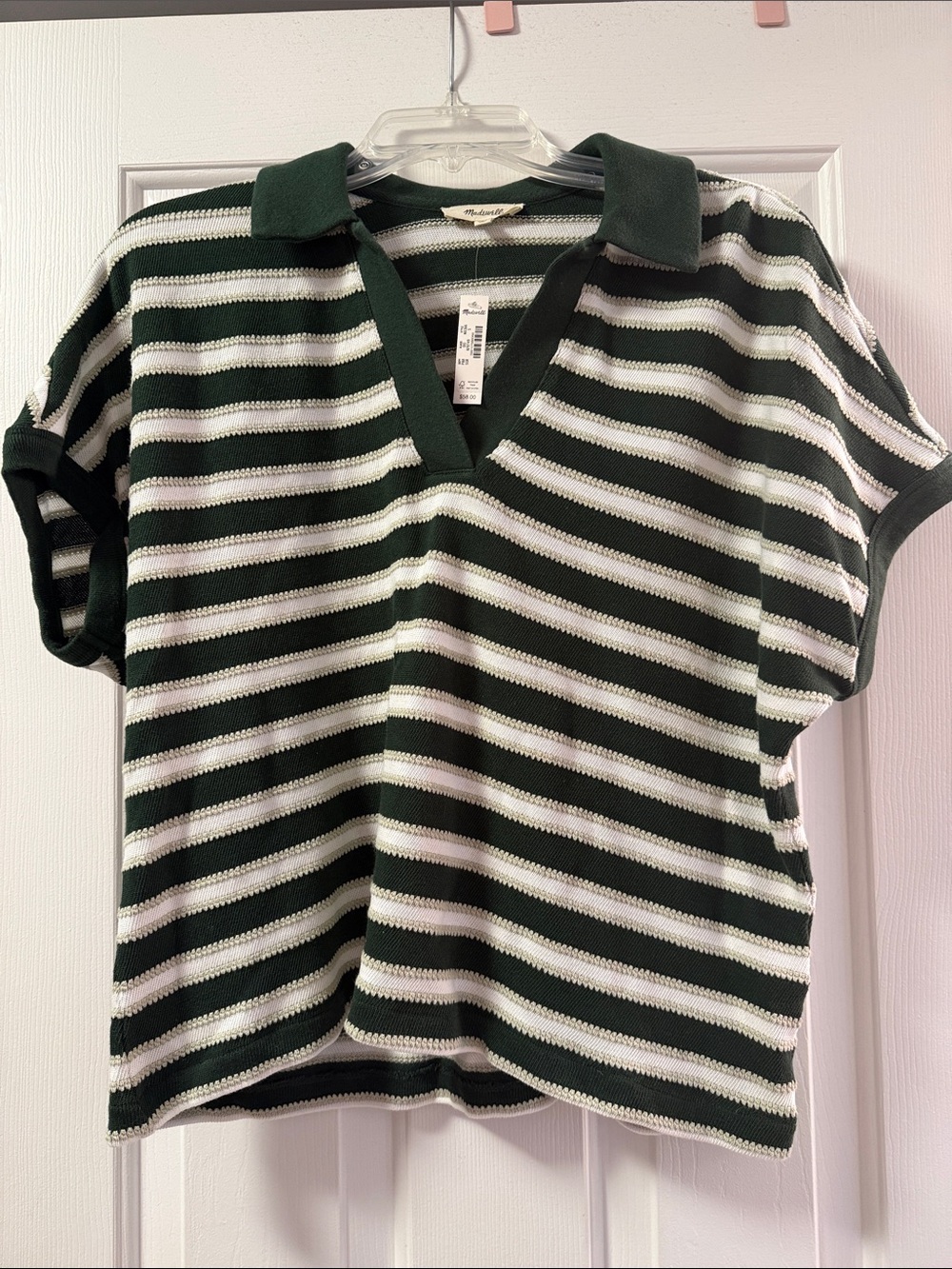 Madewell Green & White Striped Knit Polo Top